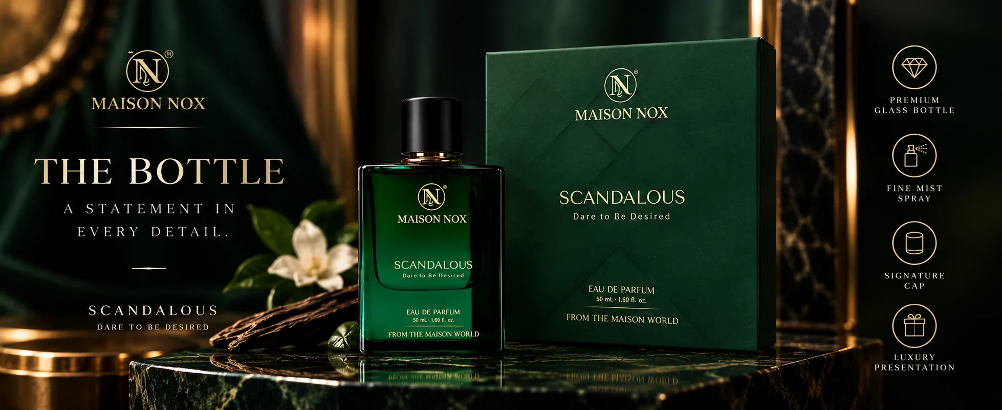 Scandalous bottle craftsmanship — premium glass bottle, fine mist spray, signature cap, luxury presentation.