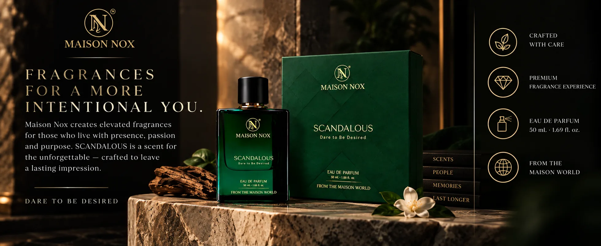Maison Nox Scandalous — elevated fragrance crafted to leave a lasting impression, dare to be desired.