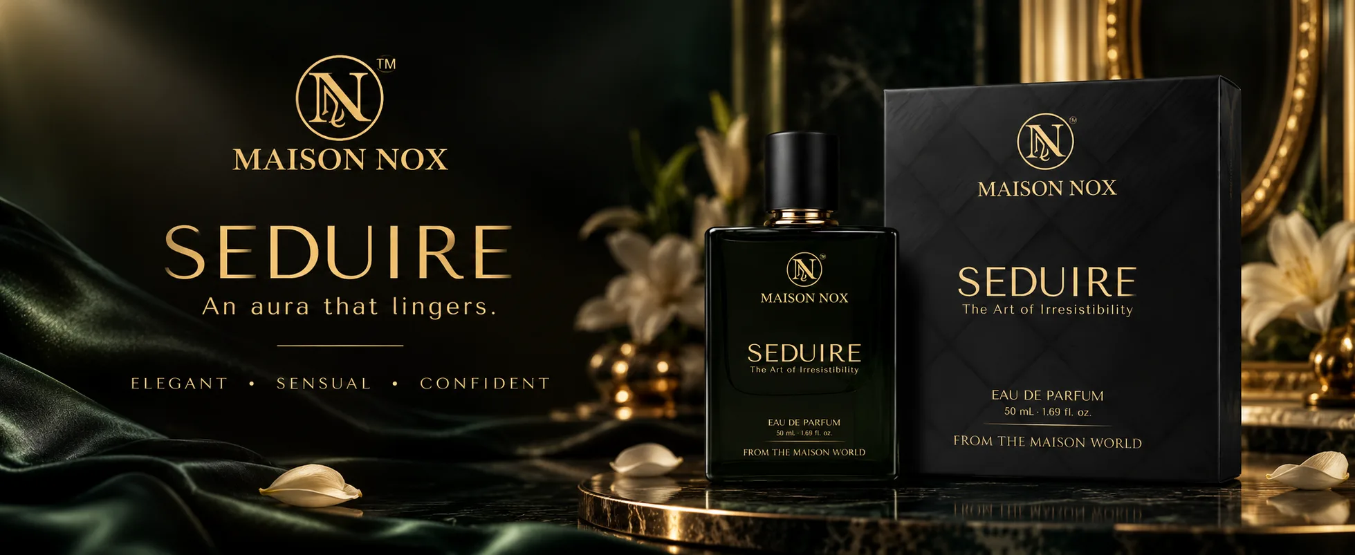 Maison Nox Seduire Eau de Parfum with its box — an aura that lingers: elegant, sensual, confident.