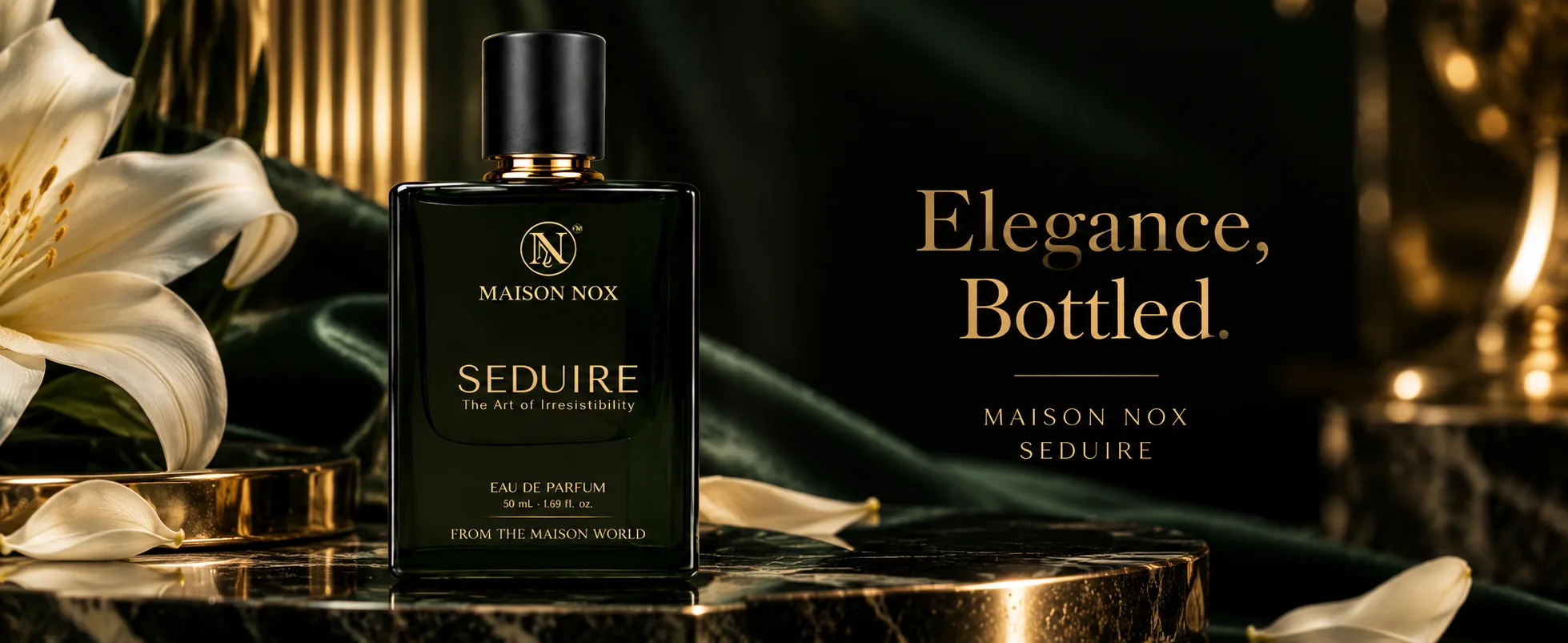 Seduire — a dark glass flacon on marble beside white lilies, elegance bottled.