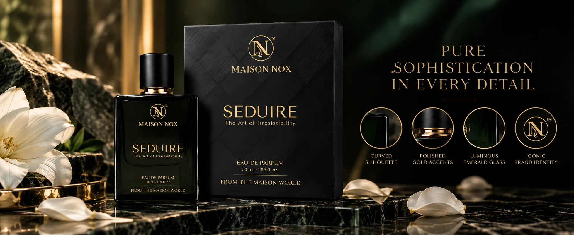 Seduire craftsmanship — curved silhouette, polished gold accents, luminous emerald glass, iconic brand identity.