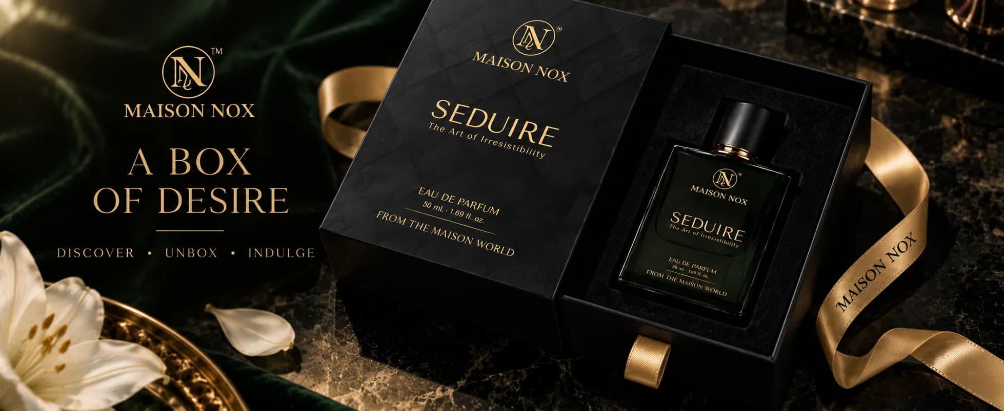 Seduire presentation box opening with satin ribbon — discover, unbox, indulge.