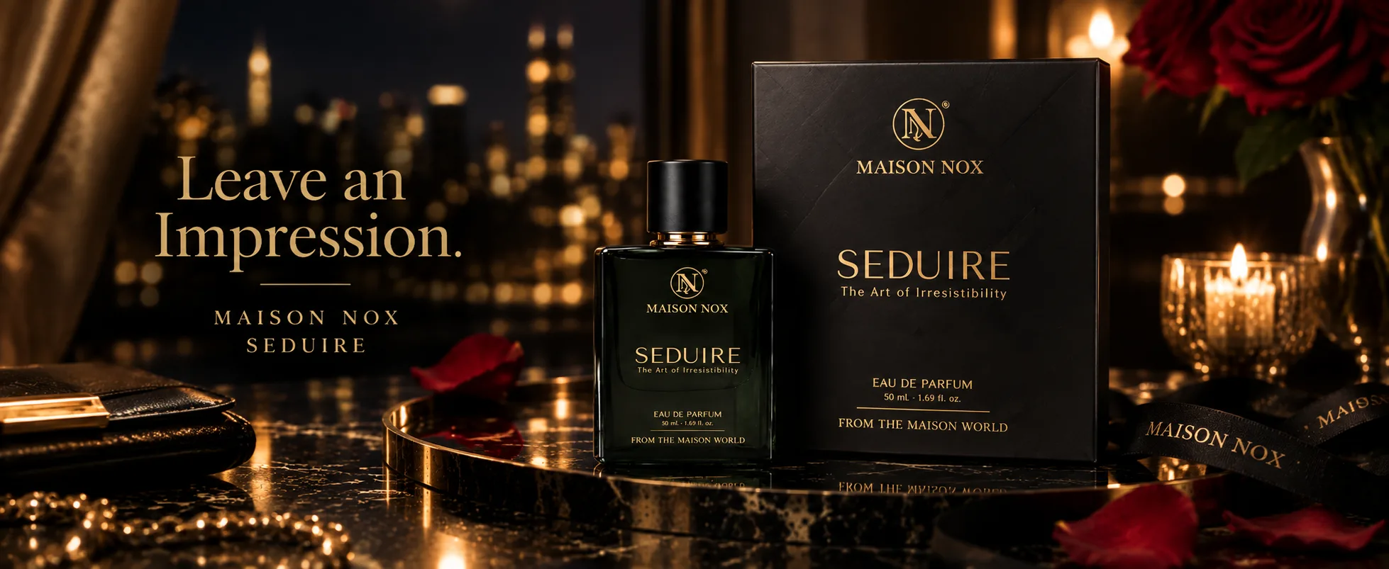 Seduire against a city-lights evening scene — a fragrance worn to be remembered.