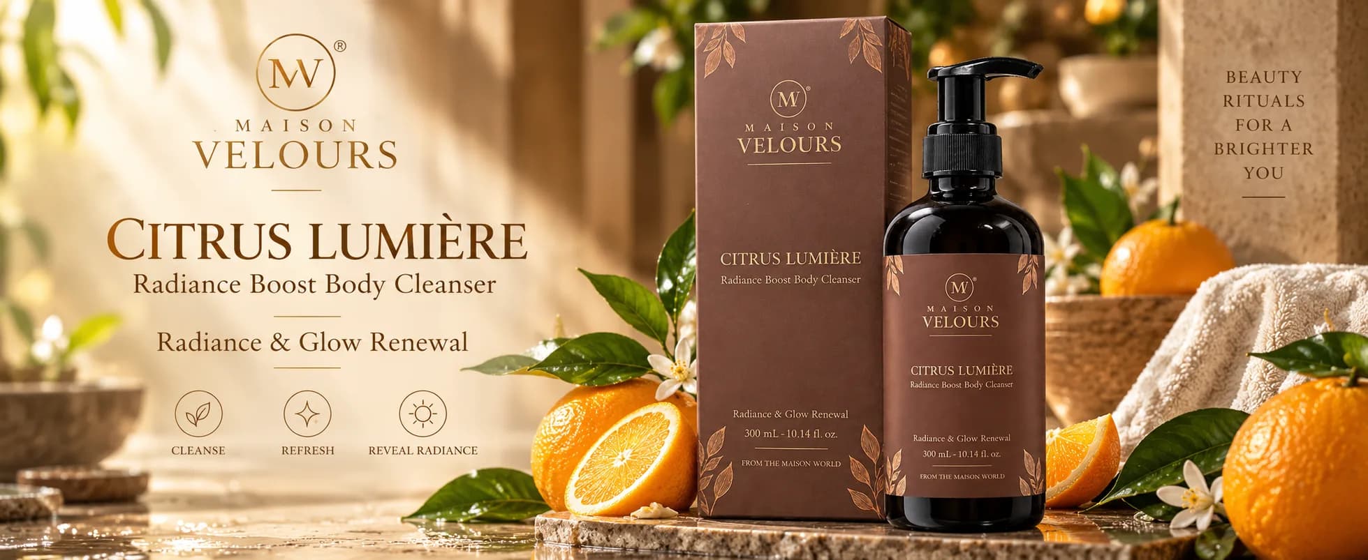 Maison Velours Citrus Lumière Radiance Boost Body Cleanser with its box — radiance and glow renewal.