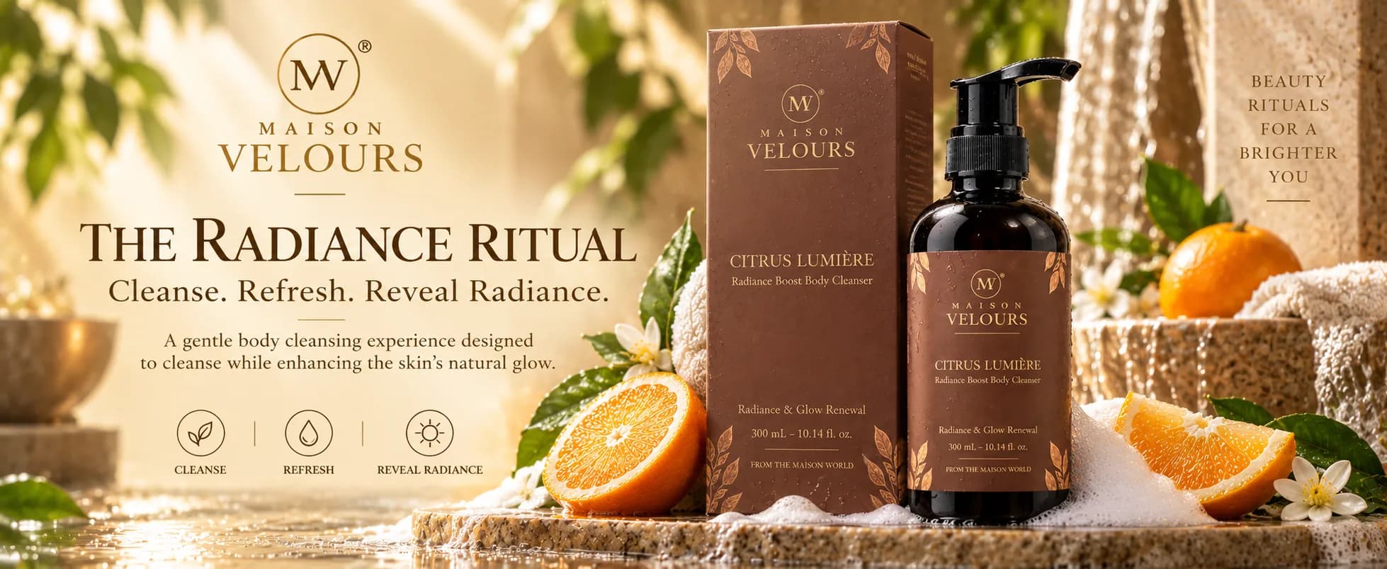 Citrus Lumière — cleanse, refresh, reveal radiance; a gentle body cleansing experience that enhances the skin's natural glow.