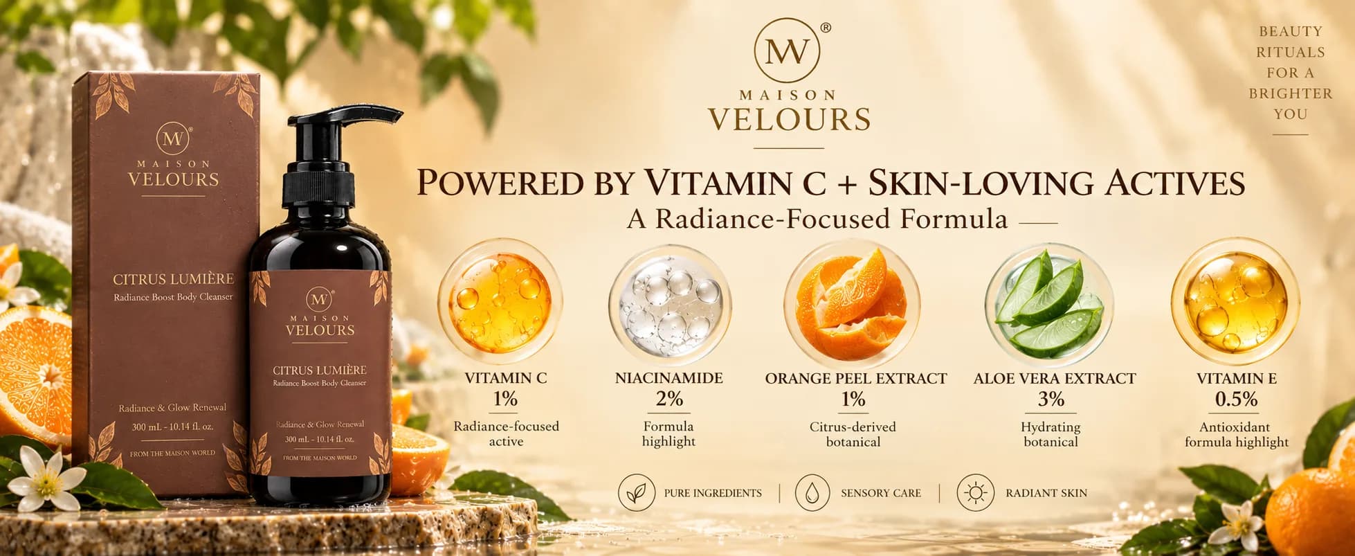 Citrus Lumière actives — 1% Vitamin C, 2% Niacinamide, 1% Orange Peel Extract, 3% Aloe Vera Extract and 0.5% Vitamin E.