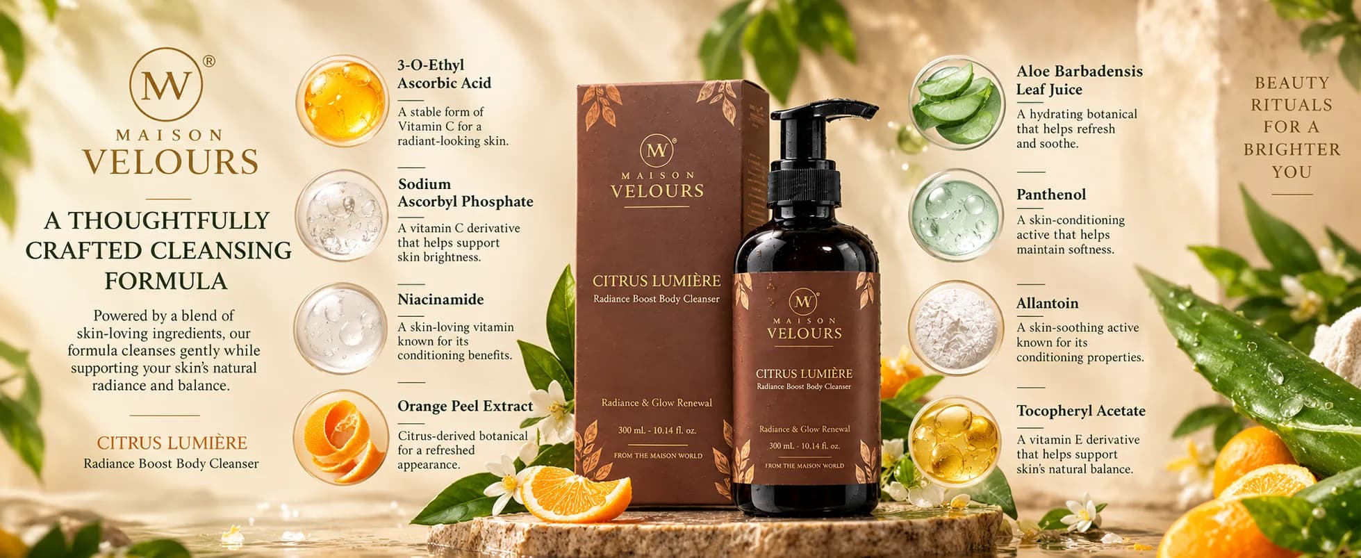 Citrus Lumière formulation — 3-O-Ethyl Ascorbic Acid, Sodium Ascorbyl Phosphate, Niacinamide, Orange Peel Extract, Aloe Barbadensis, Panthenol, Allantoin and Tocopheryl Acetate.