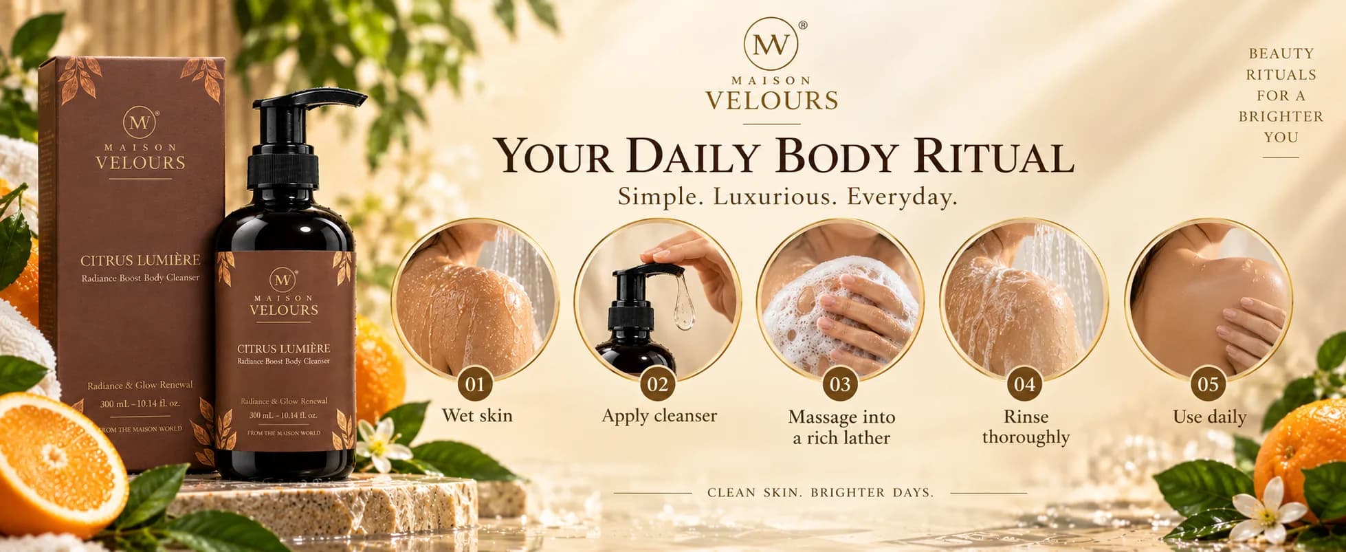 Citrus Lumière ritual — wet skin, apply cleanser, massage into a rich lather, rinse thoroughly, use daily.