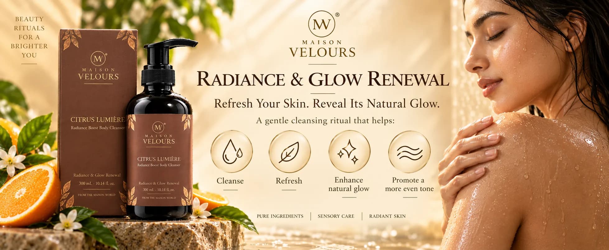 Citrus Lumière — a gentle cleansing ritual that cleanses, refreshes, enhances natural glow and promotes a more even tone.