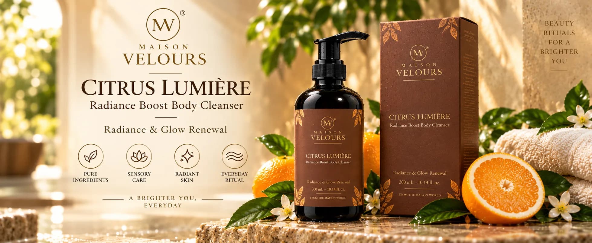 Citrus Lumière — pure ingredients, sensory care, radiant skin; an everyday ritual for a brighter you.