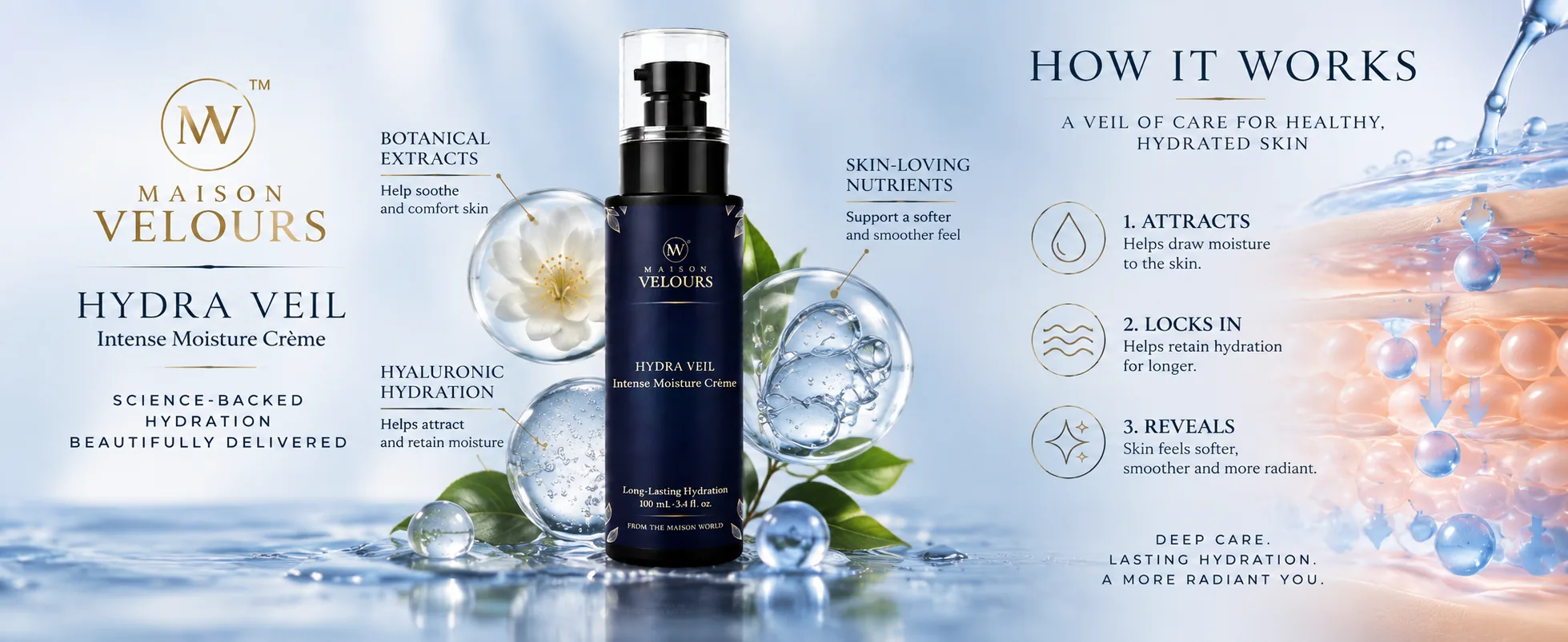 Hydra Veil — attracts moisture, locks in hydration, reveals softer, smoother, more radiant skin.