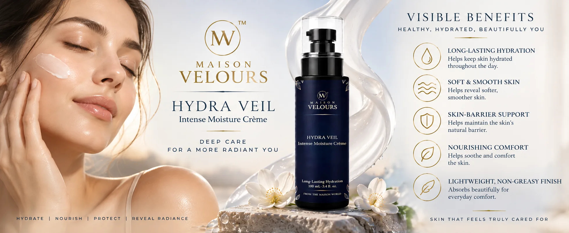 Hydra Veil visible benefits — long-lasting hydration, soft smooth skin, barrier support, nourishing comfort, lightweight non-greasy finish.