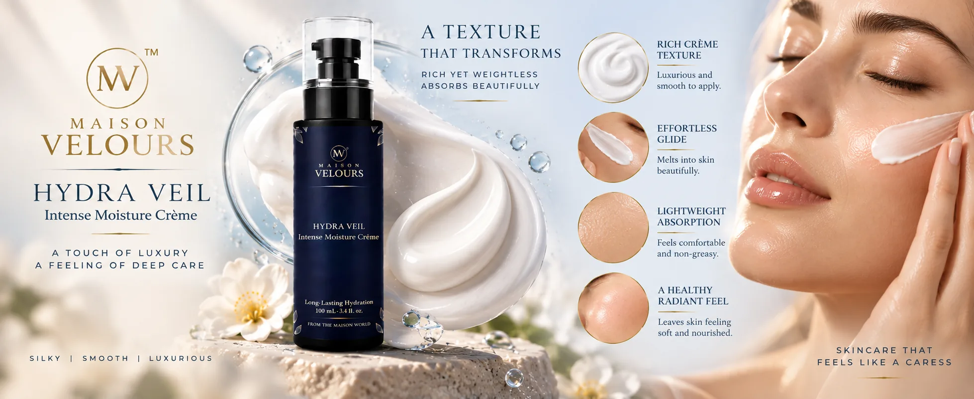 Hydra Veil — rich yet weightless crème texture that glides on and absorbs beautifully.