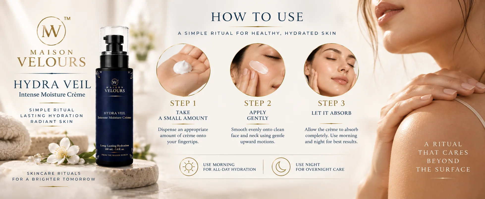 Hydra Veil ritual — take a small amount, apply gently to face and neck, let it absorb, morning and night.