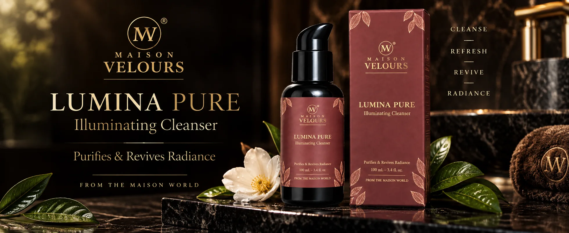 Maison Velours Lumina Pure Illuminating Cleanser with its box — purifies and revives radiance.