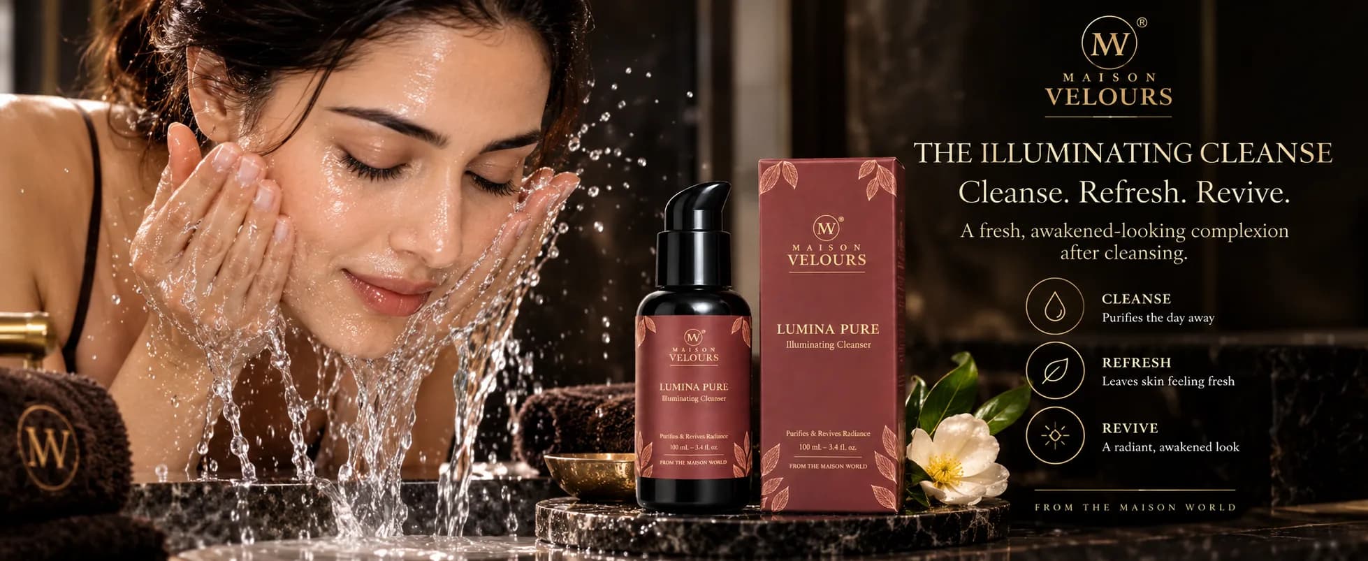 Lumina Pure — cleanse, refresh, revive; a fresh, awakened-looking complexion after cleansing.