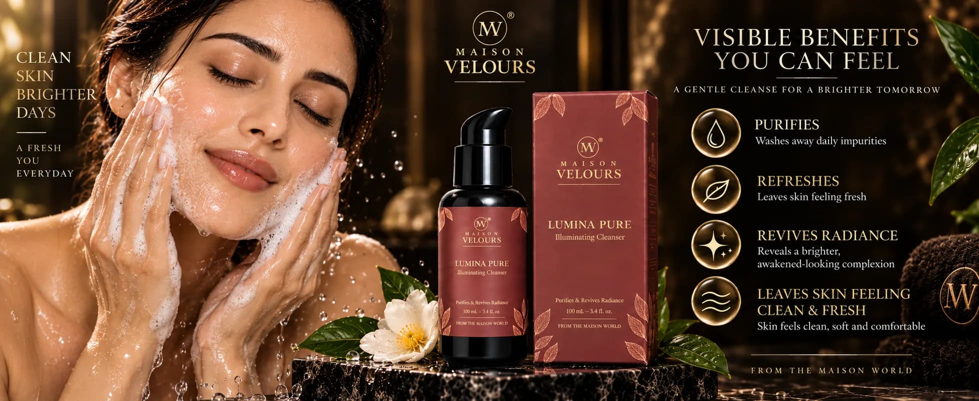 Lumina Pure benefits — purifies daily impurities, refreshes, revives radiance and leaves skin feeling clean and fresh.