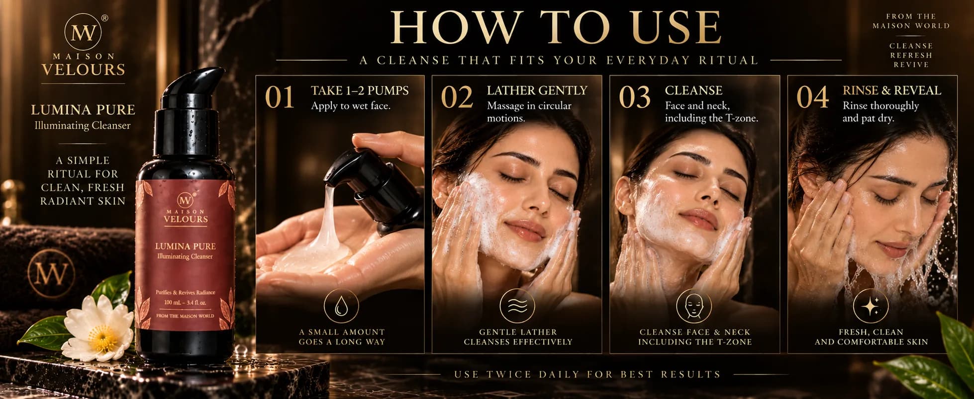 Lumina Pure ritual — take 1–2 pumps on a wet face, lather gently in circular motions, cleanse face and neck including the T-zone, rinse and pat dry.