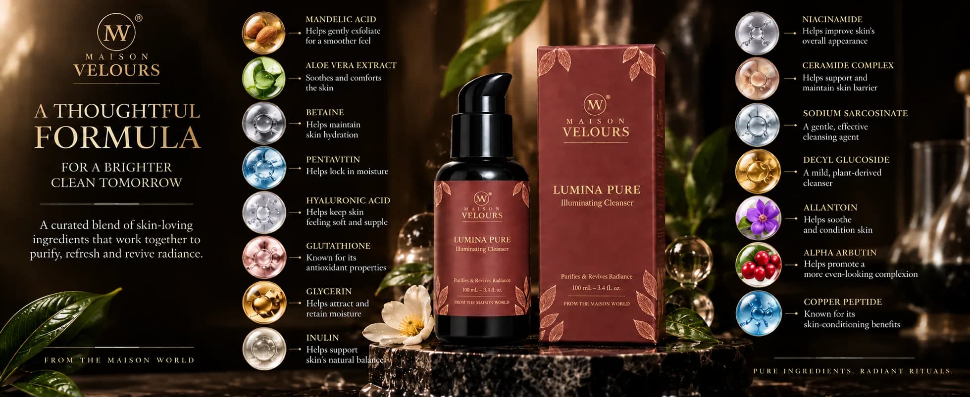 Lumina Pure formula — Mandelic Acid, Aloe Vera Extract, Betaine, Pentavitin, Hyaluronic Acid, Glutathione, Glycerin, Inulin, Niacinamide, Ceramide Complex, Decyl Glucoside, Allantoin, Alpha Arbutin and Copper Peptide.