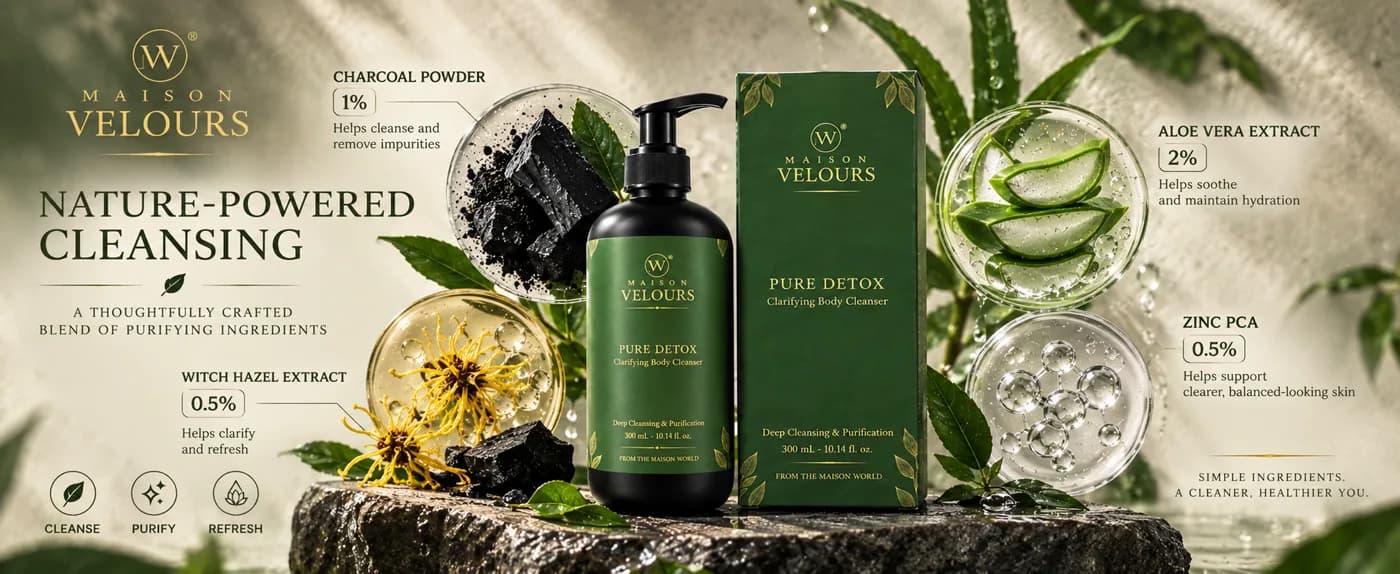 Pure Detox key ingredients — 1% Activated Charcoal, 0.5% Witch Hazel, 2% Aloe Vera and 0.5% Zinc PCA, a thoughtfully crafted blend of purifying ingredients.