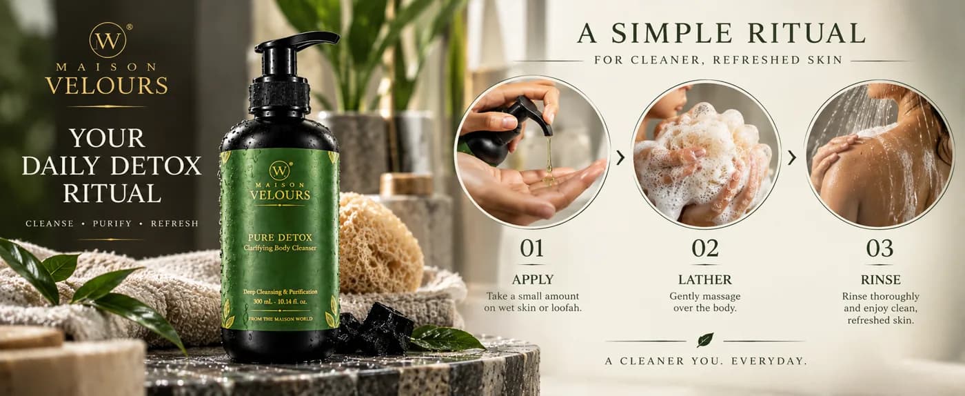 Pure Detox ritual — apply a small amount to wet skin or loofah, gently lather over the body, then rinse thoroughly.