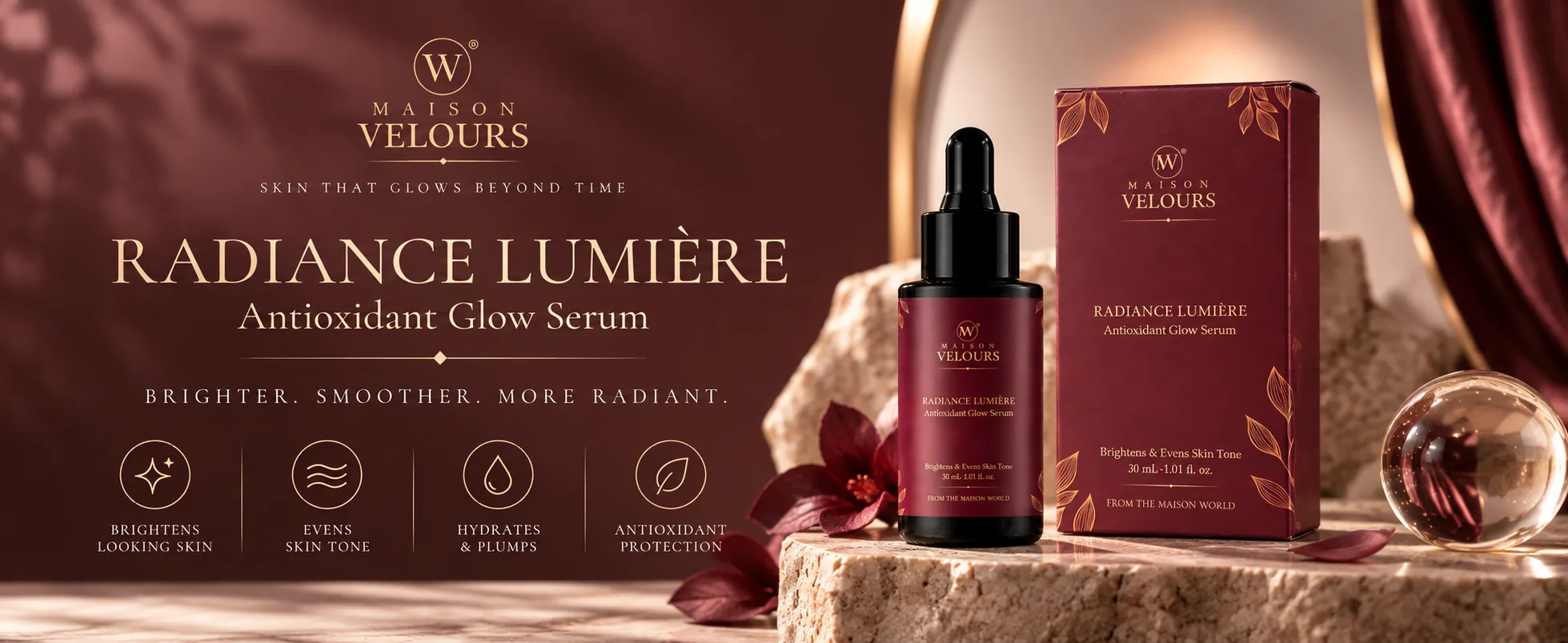 Maison Velours Radiance Lumière Antioxidant Glow Serum with its box — brighter, smoother, more radiant skin.