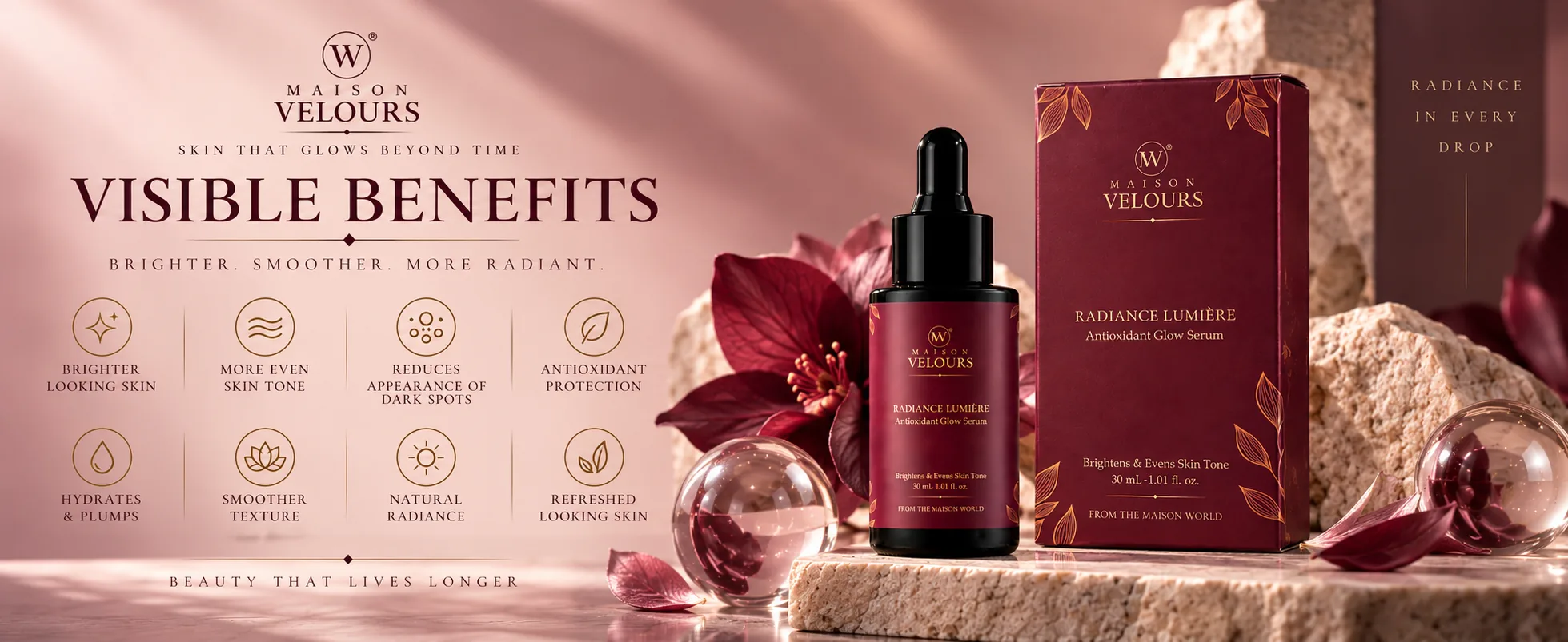 Radiance Lumière visible benefits — brighter, more even tone, reduced look of dark spots, antioxidant protection.
