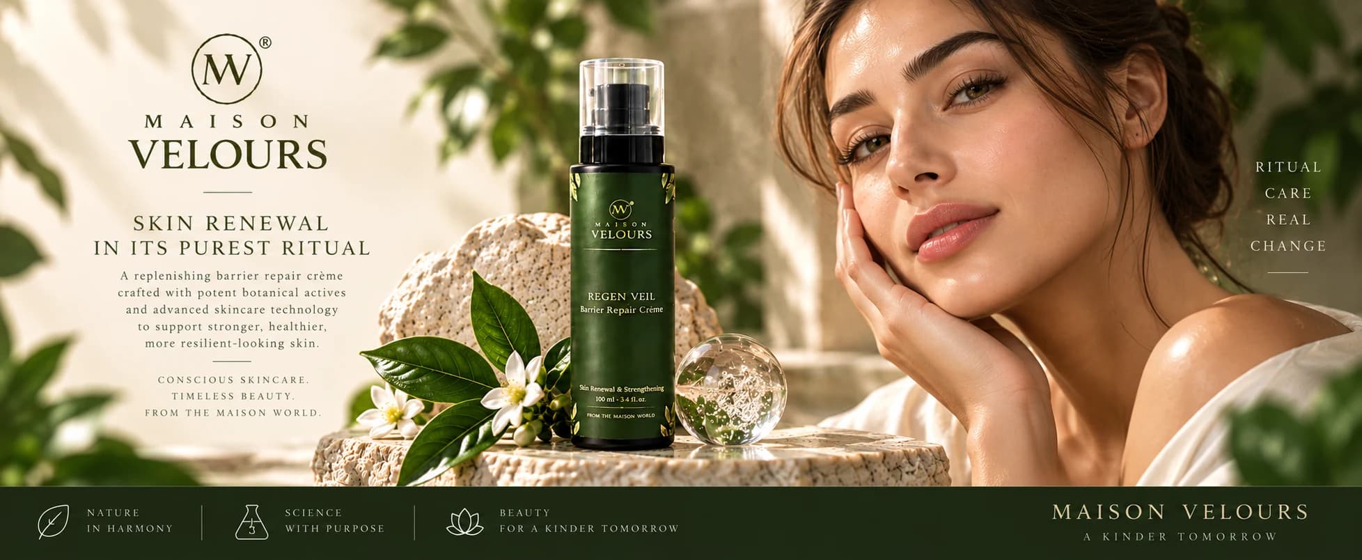 Maison Velours Regen Veil barrier-repair crème beside its ritual — skin renewal in its purest form.