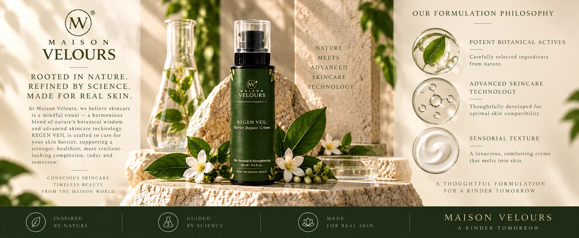 Regen Veil formulation philosophy — potent botanical actives and advanced skincare technology.