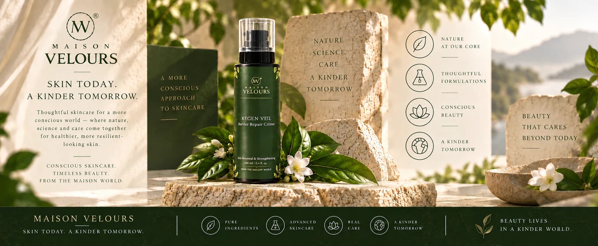 Regen Veil — beauty that cares beyond today, on stone with botanicals.
